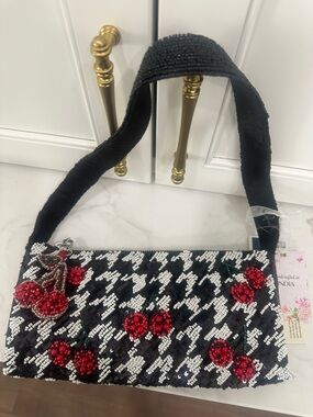Made in India viral Beaded Cherry Houndstooth Shoulder Bag - Black & Red